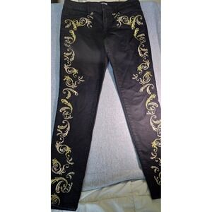 Bisou Bisou Michele Bohbot Black Embroidered Skinny Jeans Women 10 Gold Side